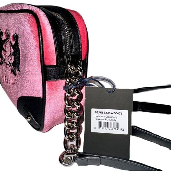 Juicy Couture Hollyhock Candy Pink Velour & Black Faux Leather Crossbody Bag - Picture 8 of 15